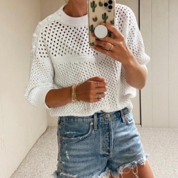 J. Crew Sweaters - NWT J. Crew Elbow Sleeve Transitional Sweater White Cotton Crochet Buttons Large